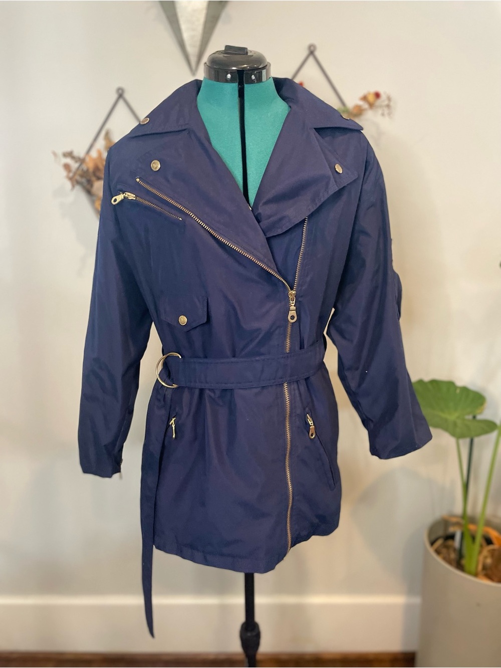 Andrew Marc Navy Belted Trench Coat with 3/4 Sleeves and Asymmetrical Zipper